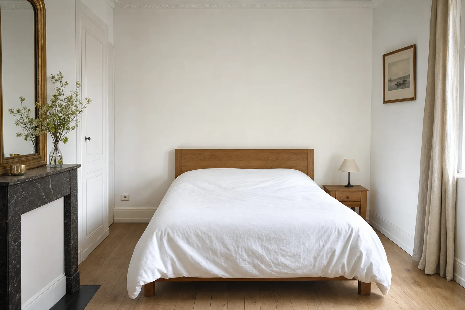 Chambre à coucher ordinaire : lit, tête de lit, table de nuit, prise électrique, plinthes, cadre et rideau